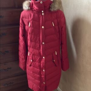 Michael Kors Red Quilted Puffer Coat with Fur Trim